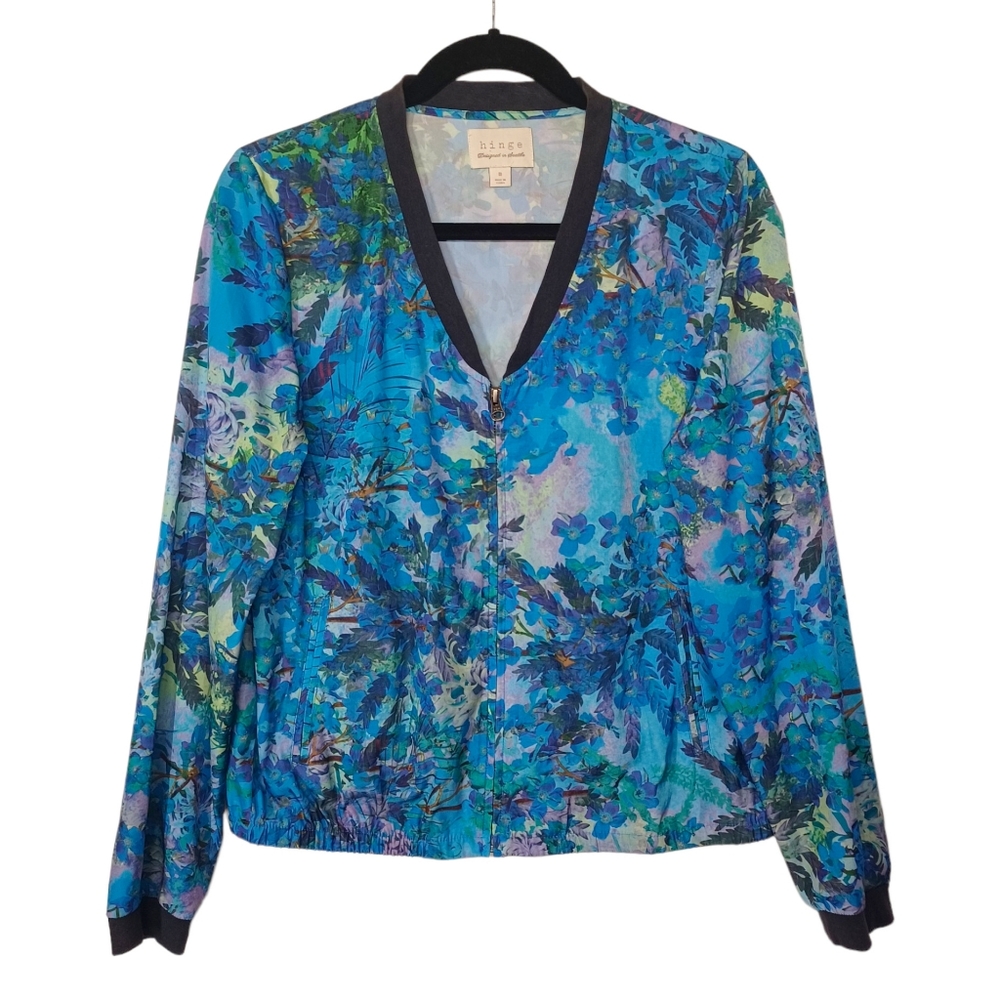 HINGE Blue Purple Green Floral Print Zipper Front Long Sleeve Lightweight Jacket